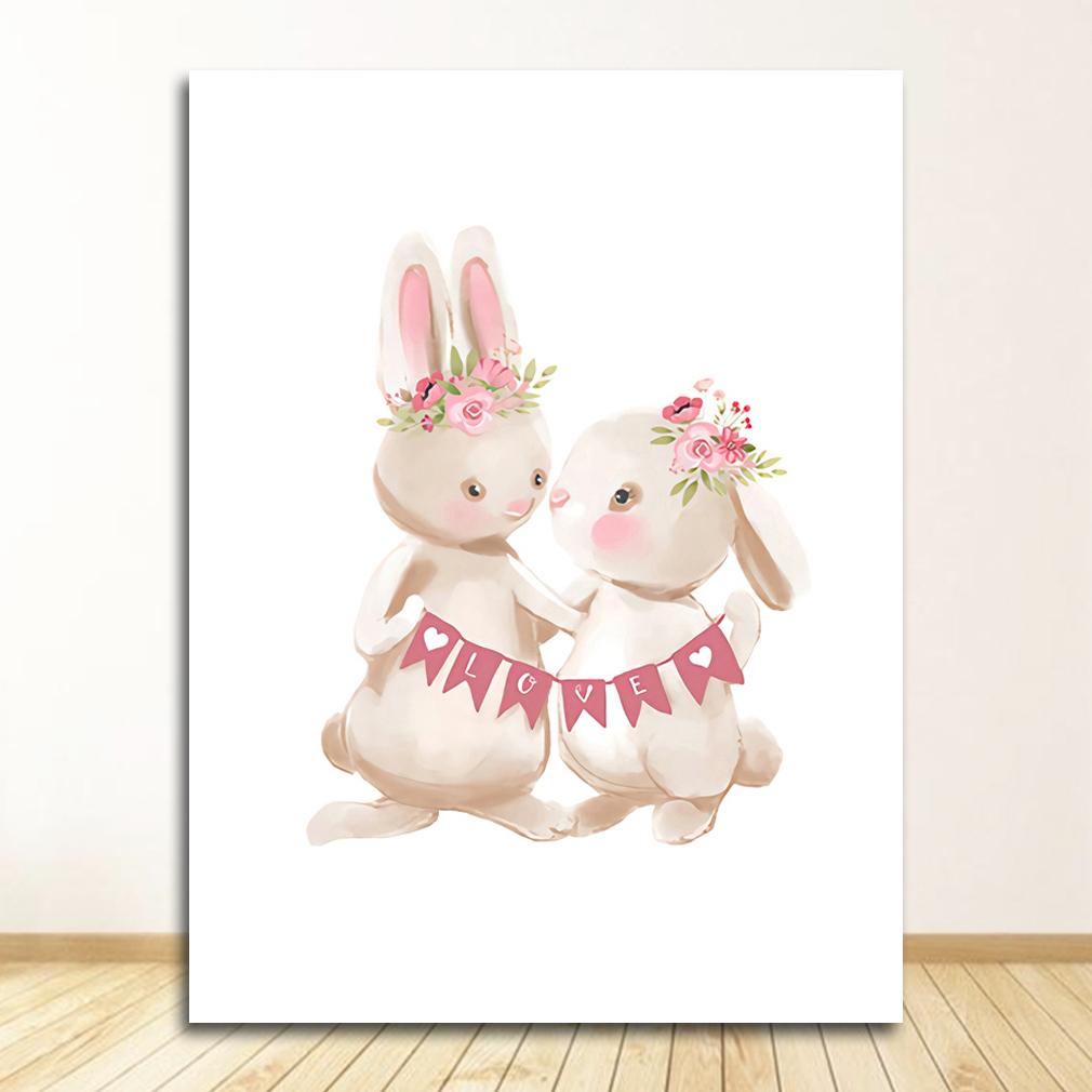 

Розовые цветы для девочек, декор для детской комнаты, мультяшная картина, плакат с изображением кролика, картины с животными, детская настенная живопись с кроликом, холст, живопись 21x30cm No Frame