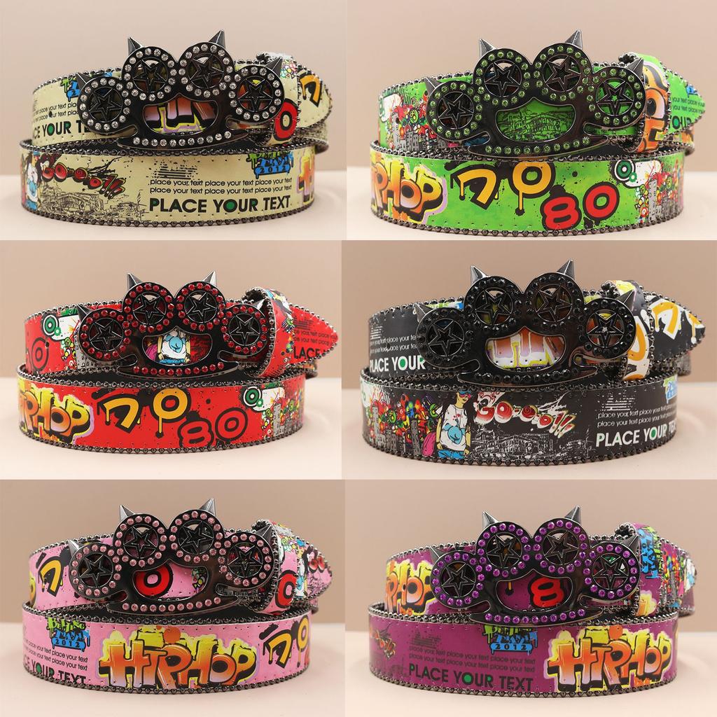 Tiger Claw Rhinestone Buckle Head Smooth Buckle Printed Graffiti Casual Personalized Belt Belt European and American Versatile