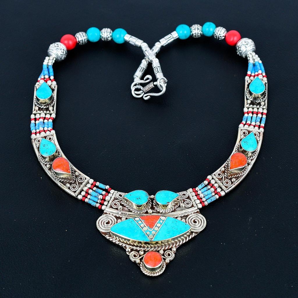 Türkis, Koralle 925 Sterlingsilber Halskette Tibetsilber Halskette Böhmische Antike Halskette Handgefertigter Schmuck Nepalesische Halskette Geschenk für Ehefrau