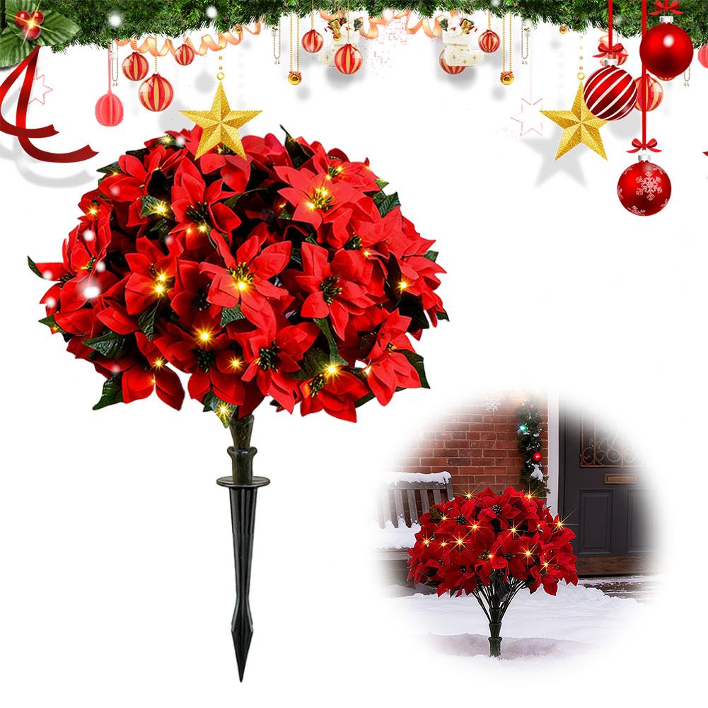 Simulation Of Artificial Poinsettia Flower Topiary Trees Floor Plug With LED Lights, Luminous Ornaments For Christmas Decoration