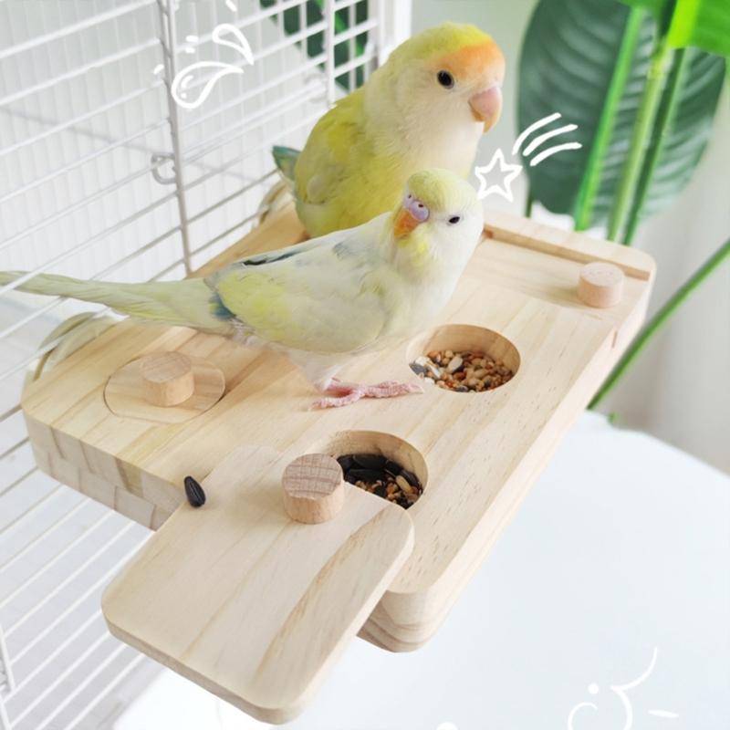 Wooden Bird Foraging Toy with Enrichment Puzzle for Training & Chewing Natural Wood Stand Platform Feeder Cage Decors