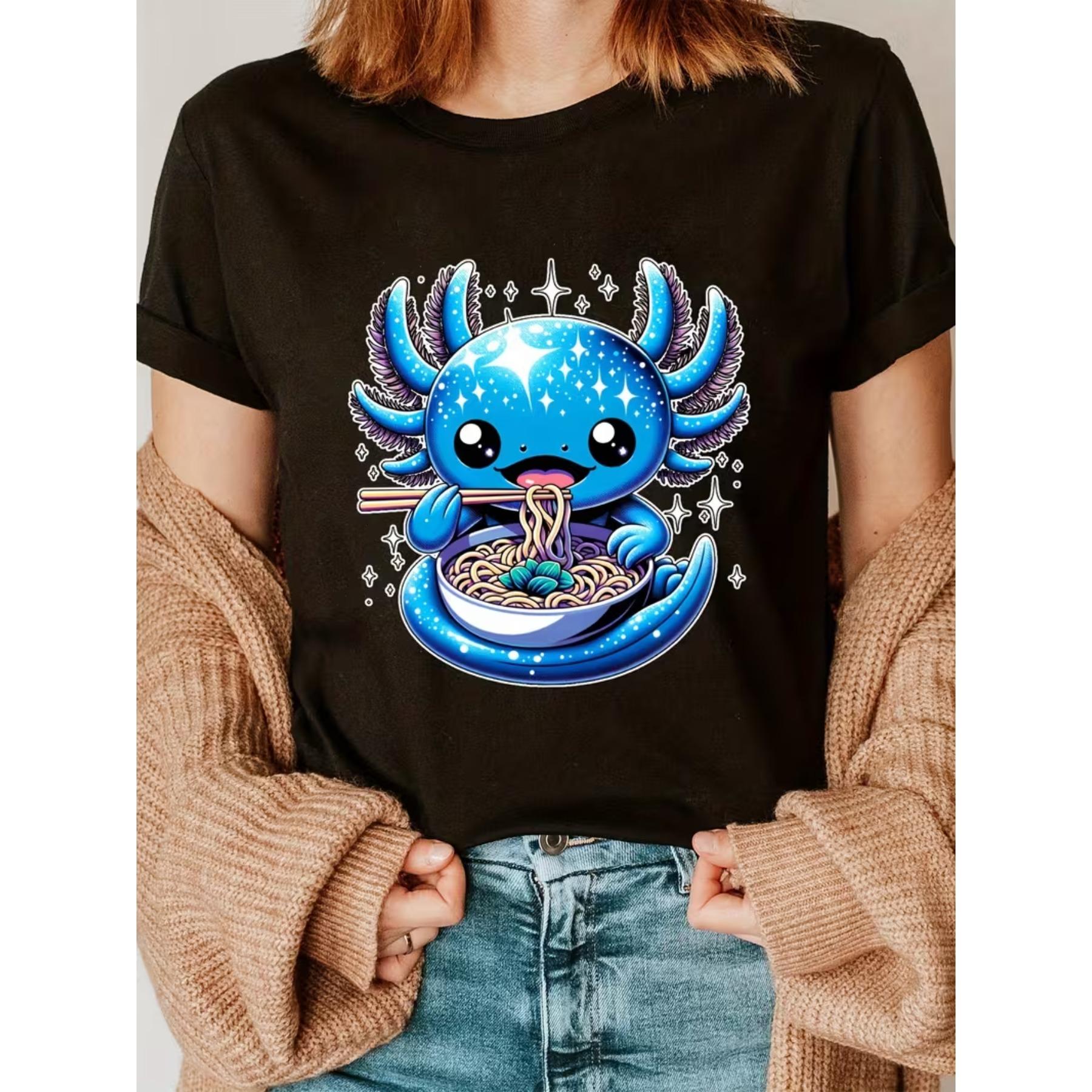 

Axolotl Ramen Fashion Letter Print T-shirt, Short Sleeve Crew Neck Casual Top for Summer & Spring, Women s Clothing S чёрный
