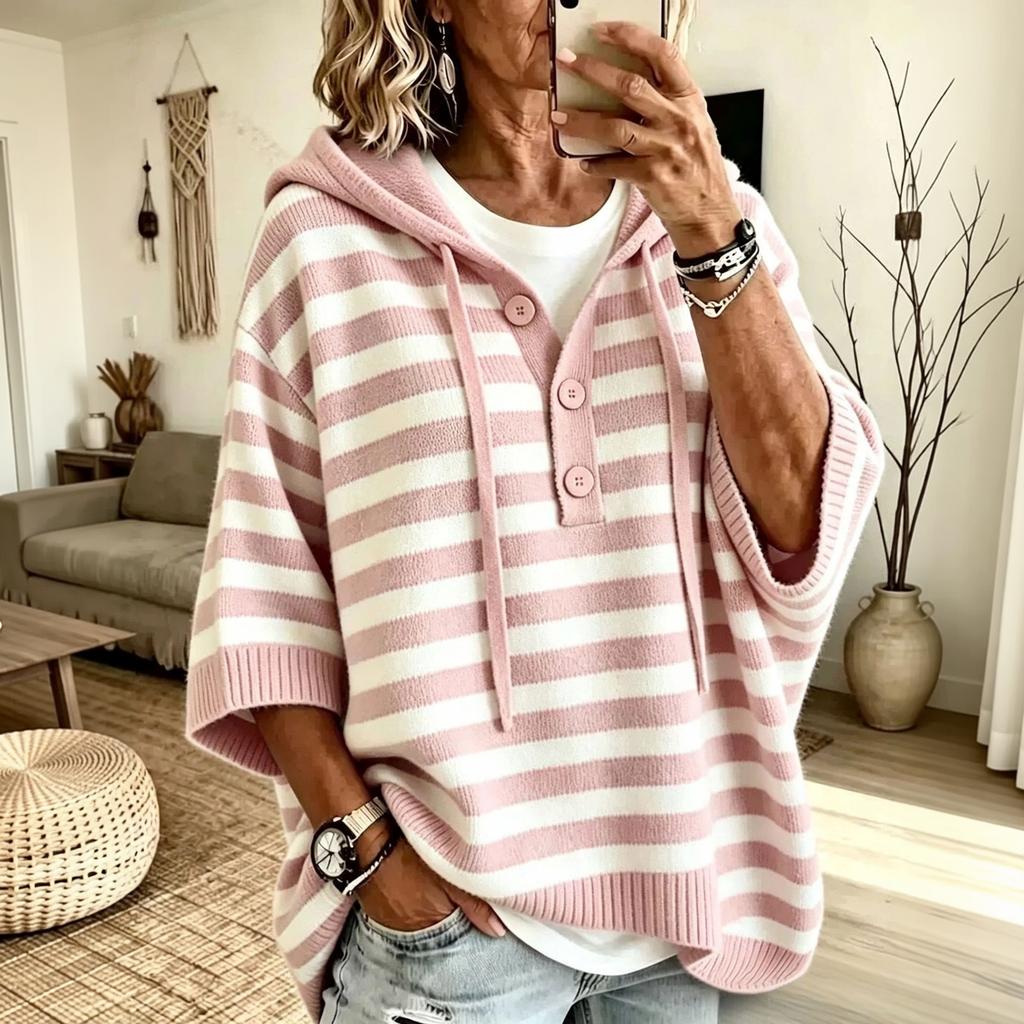 Women's Casual Hooded Knit Sweater Loose Fit Striped Long Sleeve Pullover Top