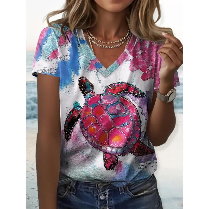 Women's T-Shirt Coconut Tree Pattern 3d Printing Fashion Casual V-Neck Short-Sleeved Beach Style Outdoor Women's Clothing