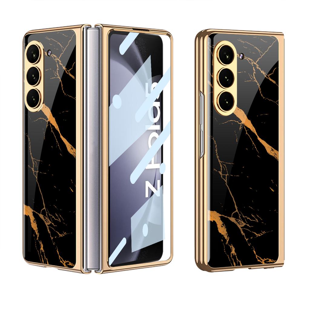 Luxury Plating Screen Glass Case For Samsung Galaxy Z Fold 7 6 5 Case Back Painted Pattern Glass Plastic Cover For Galaxy Z Fold 6