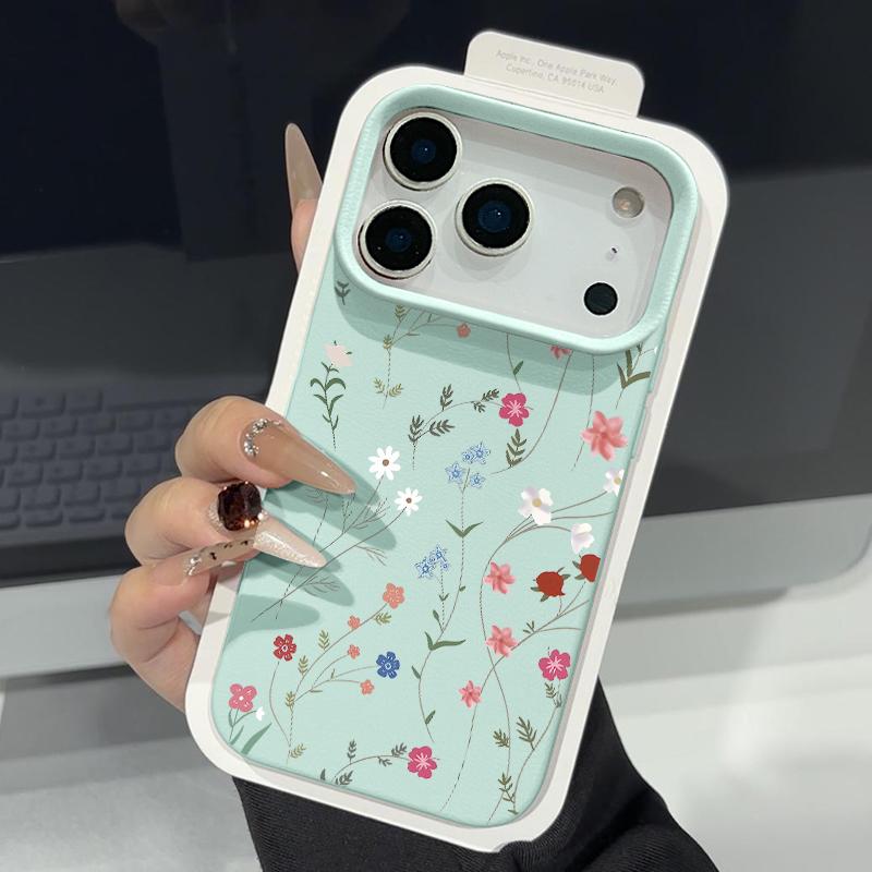 Leather Texture TPU Phone Case For iPhone 17 17e 16e 16 15 Pro Max 14 13 Pro Max 11 Blue Flower Printed Soft Silicone Back Cover