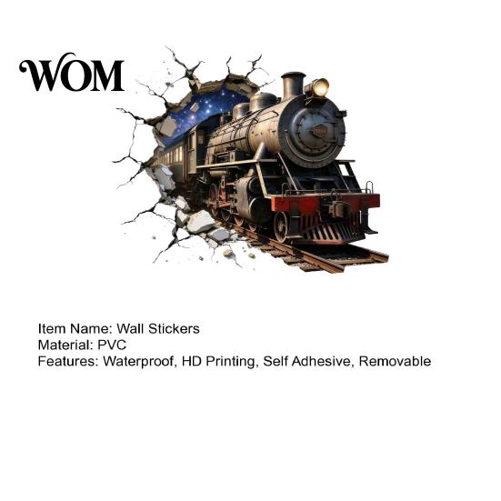 Durable Scratch Resistant Wall Cover 3D Retro Train Sticker, Break Through Decal, Peel and Stick Art Non Damaging Stickers Mural for Kids Room Bedroom