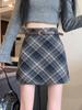 Women's Retro High-Waisted Woolen Plaid Midi Skirt - 2024 Autumn/Winter A-line Hip-Hugging Design with Anti-Exposure Feature.