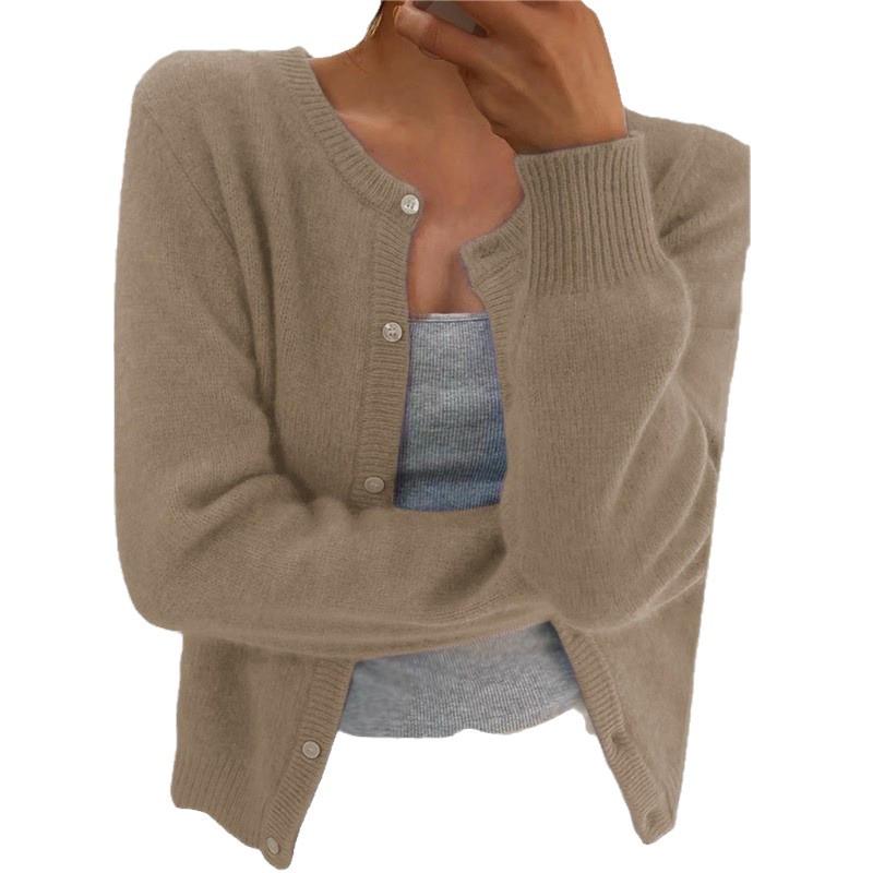 Evropský a americký styl jednobarevný pletený kardigan: Jednořadý, s dlouhým rukávem, kulatým výstřihem, ležérní svetr pro ženy