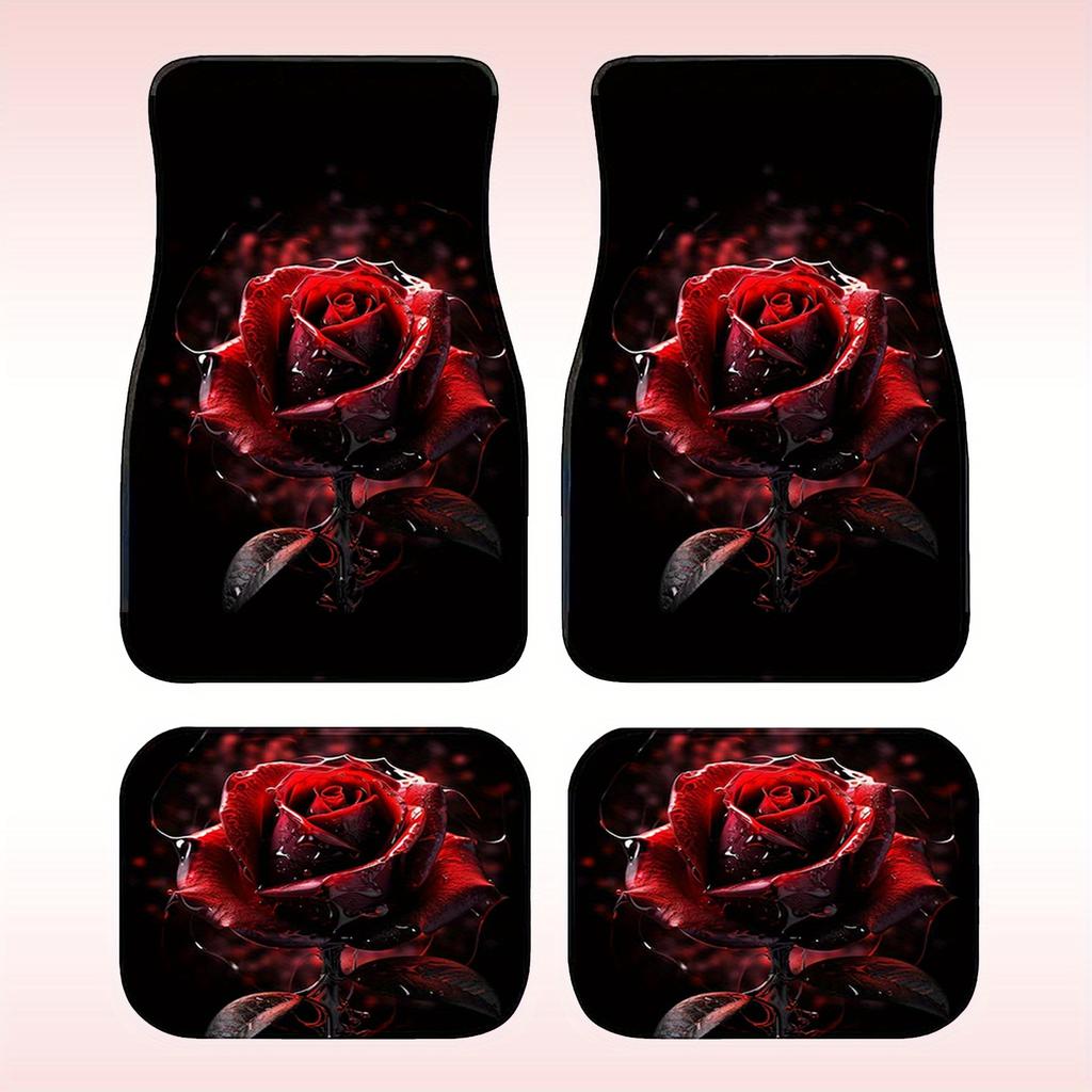 A Set of Four Universal Car Floor Mats Featuring a Rose Flower Design, Designed Both Front And Rear Seats of Any Vehicle