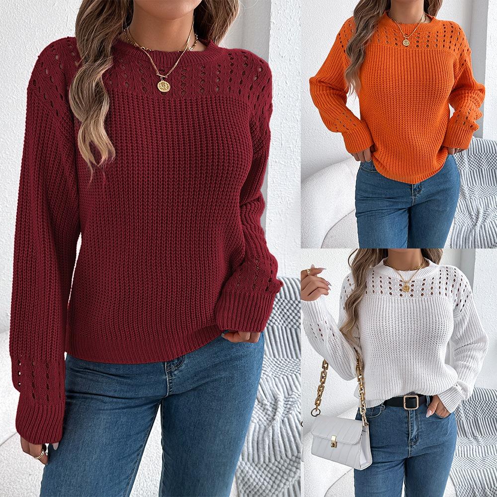 Fashionable Women's Oversized Relaxed-Fit Solid-Colour Lace-Up Lantern-Sleeve Pullover Knitwear