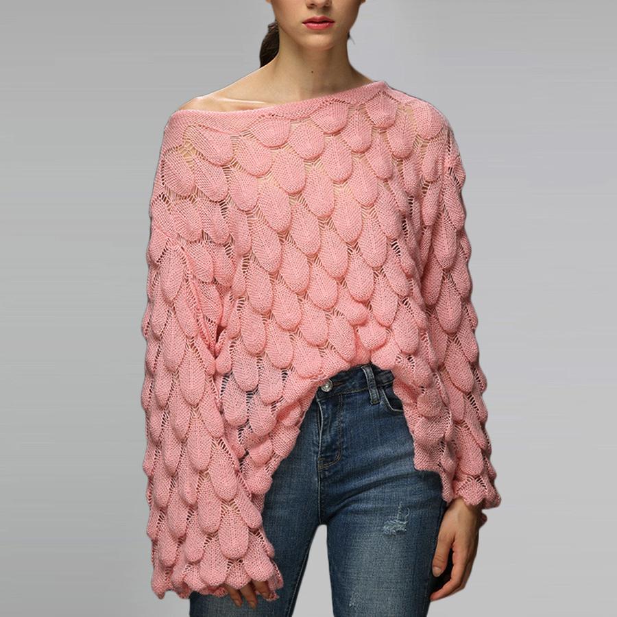 Neuer lockerer Strickpullover mit hohlem 3D-Federmuster, Rundhalsausschnitt und Glockenärmeln für Damen, Oberbekleidung