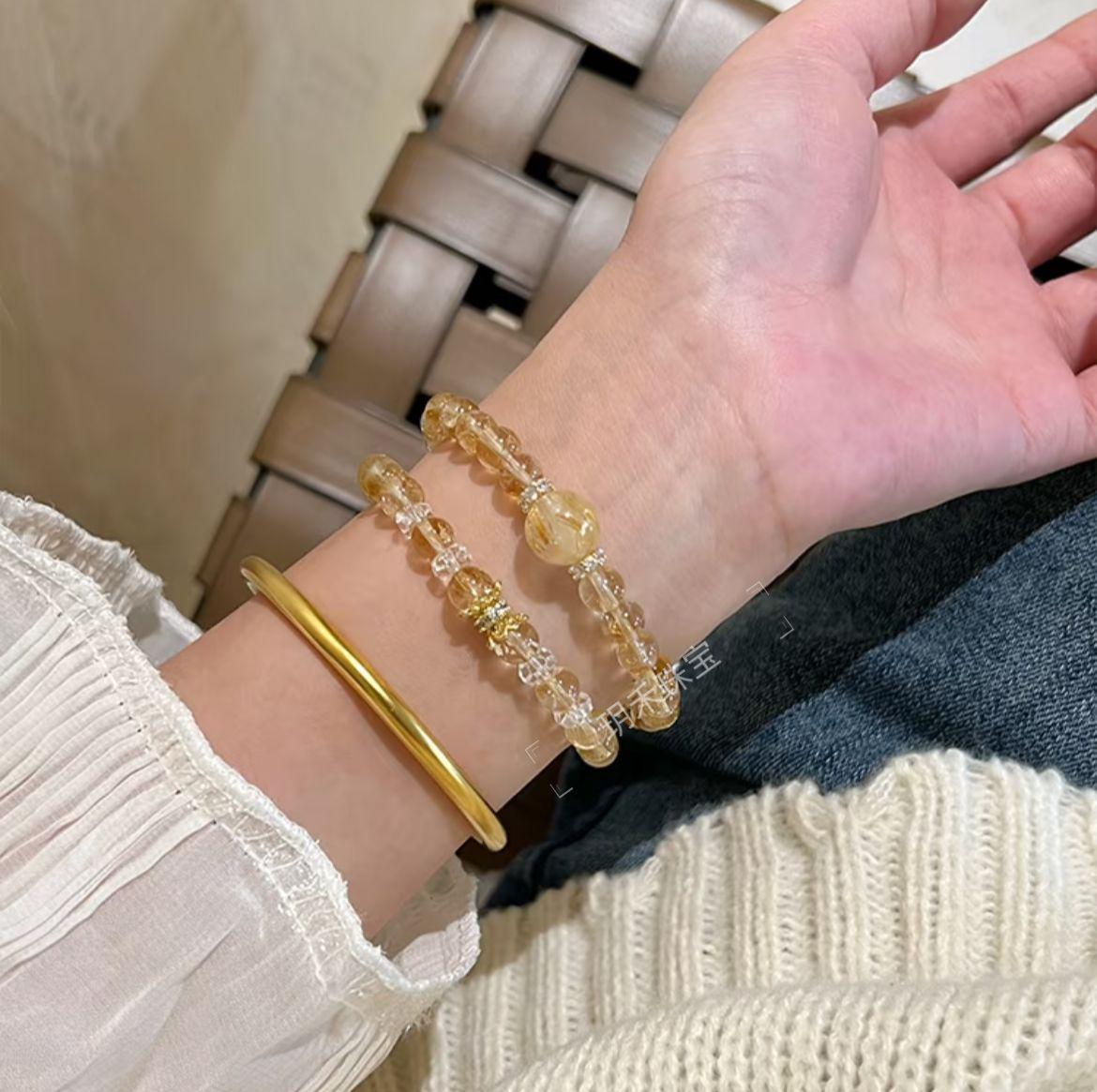 

Natural Yellow Gold Double Circle Bracelet Women s Rutilated Quartz Citrine for Wealth & Luck
