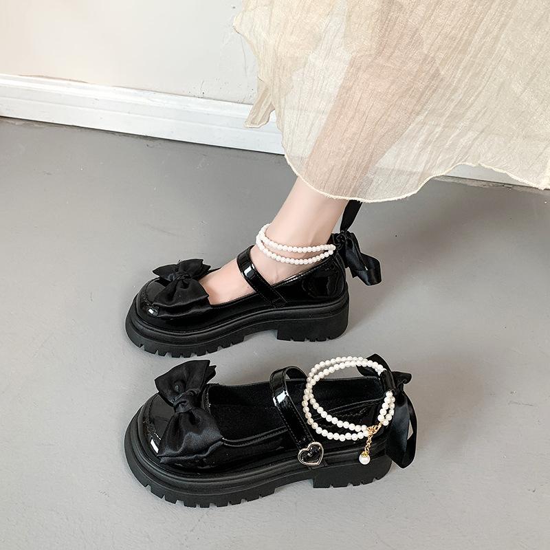 

Одиночные туфли женские однотонные с бантом из ленты и бисером маленькие туфли из искусственной кожи с круглым носком на толстом каблуке 35 чёрный