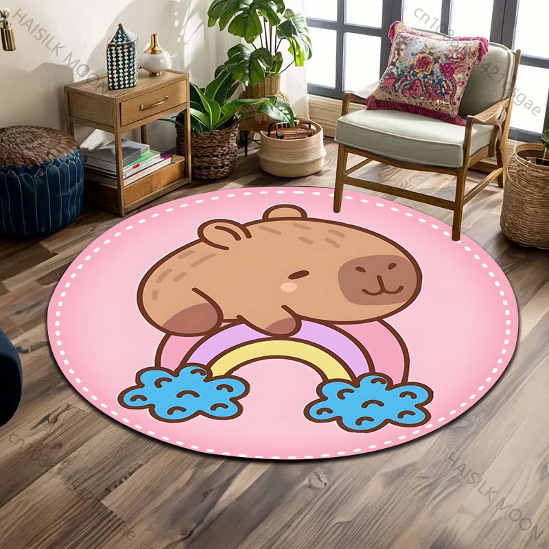 1PC Cute Capybaras Cartoon Print Round Carpet Floor Mat Suitable for Children's Bedroom Decor Living Room Round Rugs for Gifts
