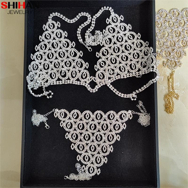 Rhinestone Bra Body Chain Jewelry Set Crystal Body Bra and Thong Waist Chain Set