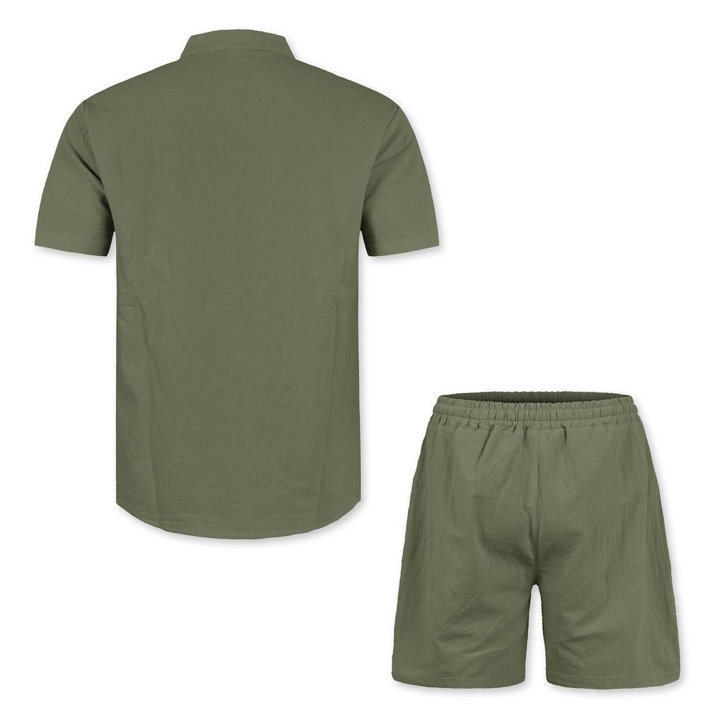 Men's Linen Short Sleeve Shirt and Elastic Waist Shorts Set, Casual Beach Outfit