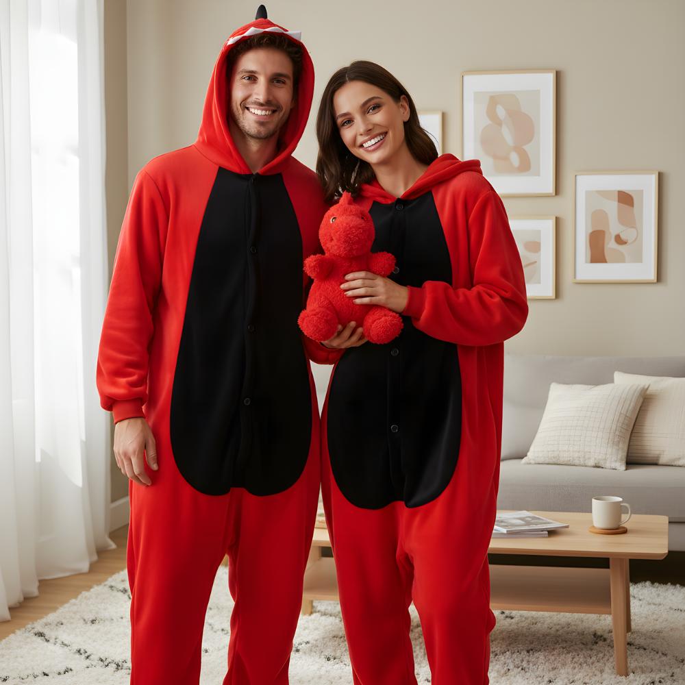 Pyžamo Onesie Kigurumi Kostým Převlek Červený Dinosaurus S: 145 - 155 cm