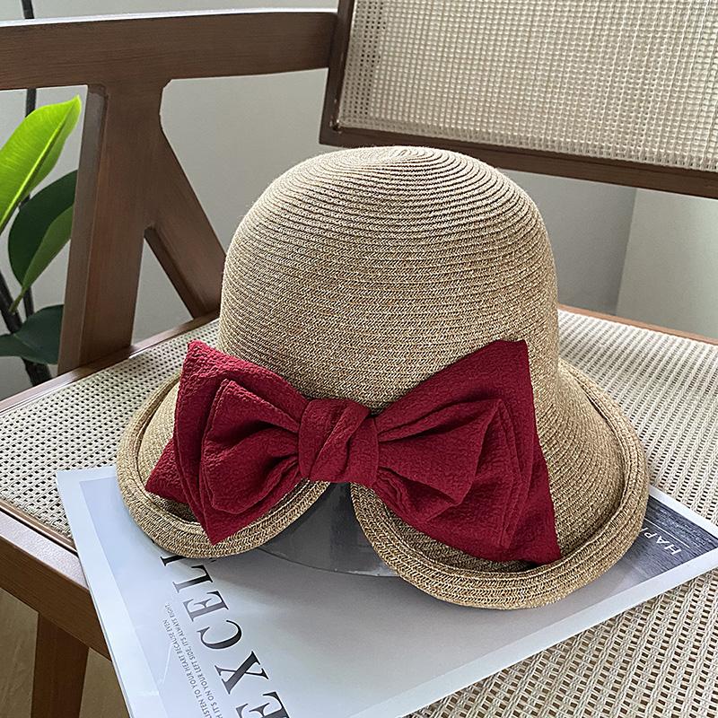 Elegant ribbon bow pearl grass hat women's summer dome seaside outing shading versatile top hat tide