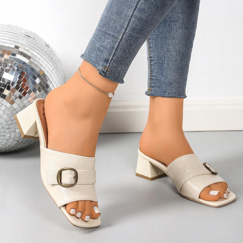 Slippers 22 beautiful summer new thick heel high heel large size cool slippers fish mouth square buckle slippers