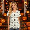 Women's V-Neck Short Sleeve Scrub Top with Pockets Halloween Print for Nurses and Caregivers
