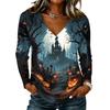 Women's Halloween Printed V Neck Long Sleeve Pullover Top Casual Lightweight Stretchy Shirt for Fall Seasonal Wear