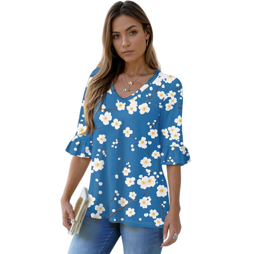 Women's Casual 3/4 Sleeve Tops V-Neck Sleeve T-Shirt Floral Print Tops