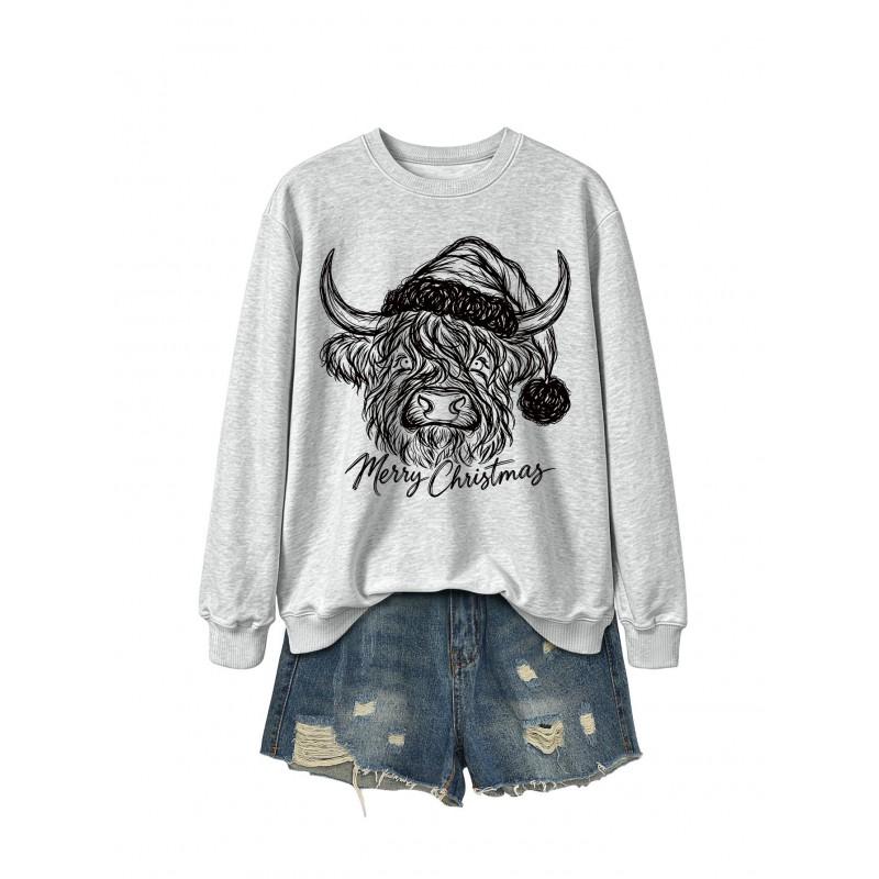 Womens Casual Fashion Christmas Yak Head Print Crewneck Sweatshirt Regular Fit Daily Wear