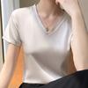 Women Summer Top V-neck Solid Color Soft Comfortable Short Sleeves Daily Wear Pullover OL Commute Satin Women T-shirt Female Clothes