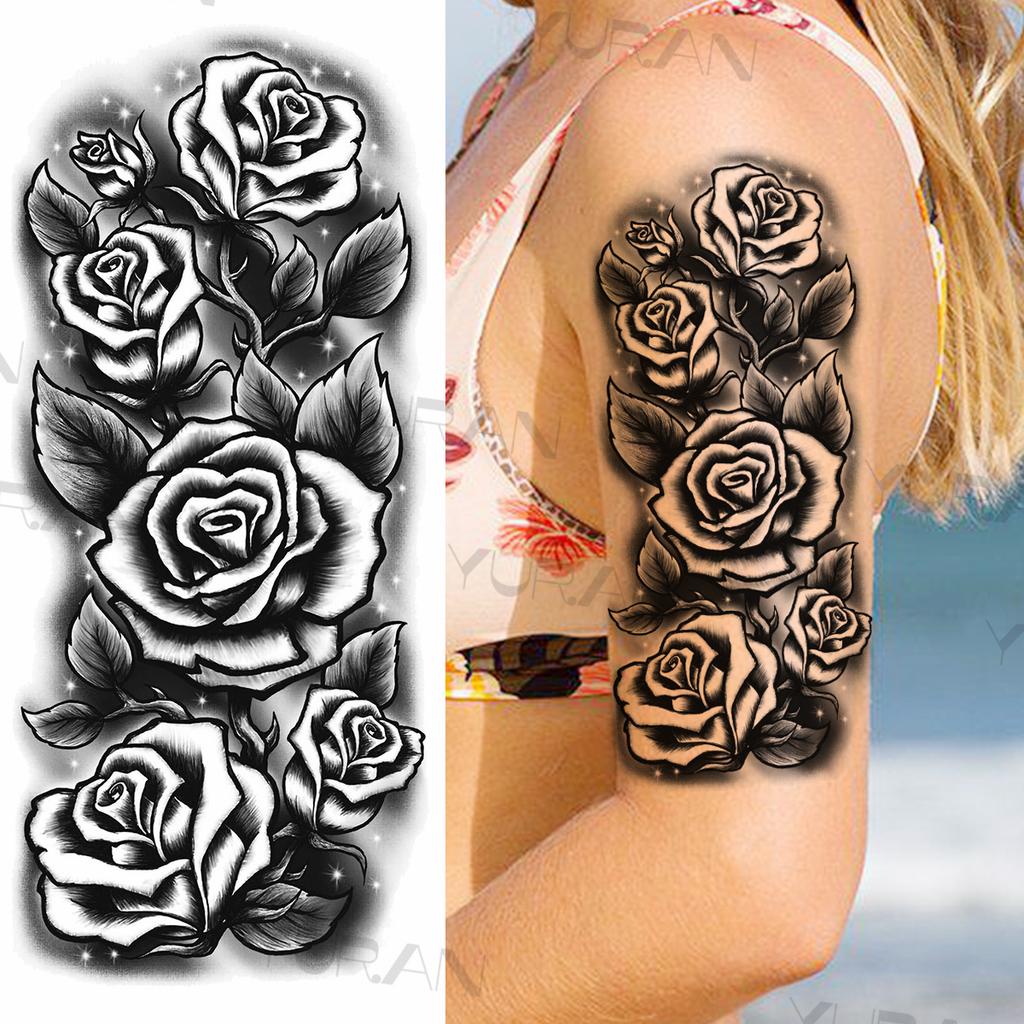 Large Colorful Rose Flower Temporary Tattoos For Girls Women Anchor Fake Gemstone Pendant Tattoo Paste Arm Body Tatoos Creative