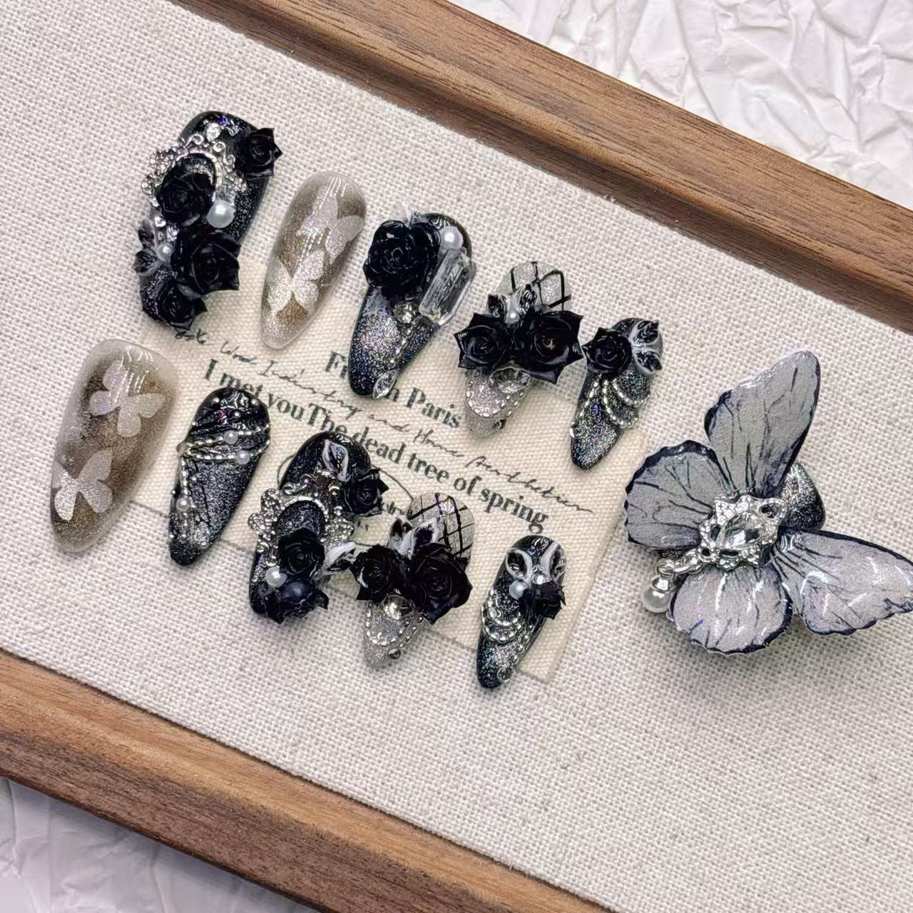 

Square Press on Nails Almond Fake Nails French Tip False Nails with 3D Design Full Cover Acrylic Glue on Nails Artificial Stick on Nails for Women L