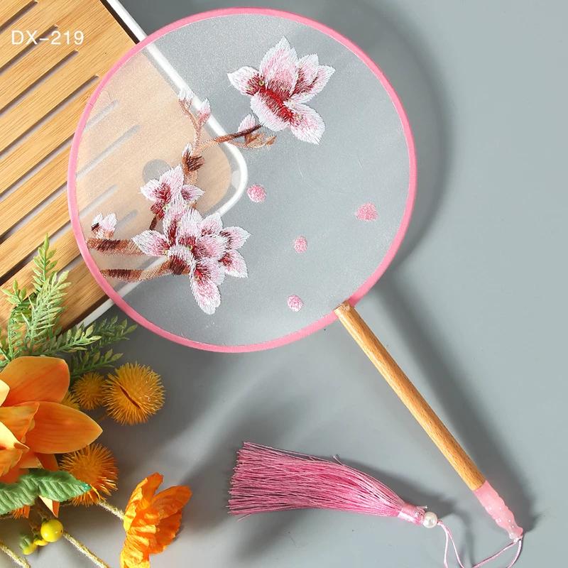 Antique Embroidery Circular Fan Chinese Style Cheongsam Fan Women's Double-Sided Embroidered Transparent round Long Handle Ancient Chinese Clothing