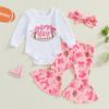 Baby Girls Fall Outfit, Long Sleeve Letters Print Romper with Bow Rugby Flare Pants and Headband Clothing Set