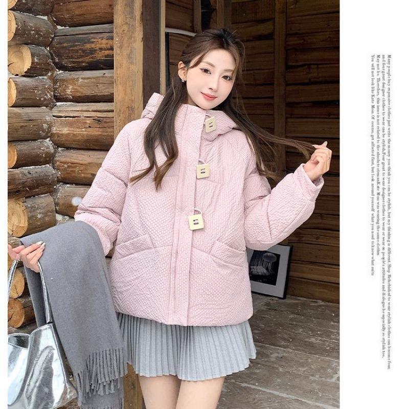 

Korean Style Women s Loose Hooded Cotton Coat Autumn and Winter Zipper Cardigan Solid Color Jacket Fashion Top S рожевий