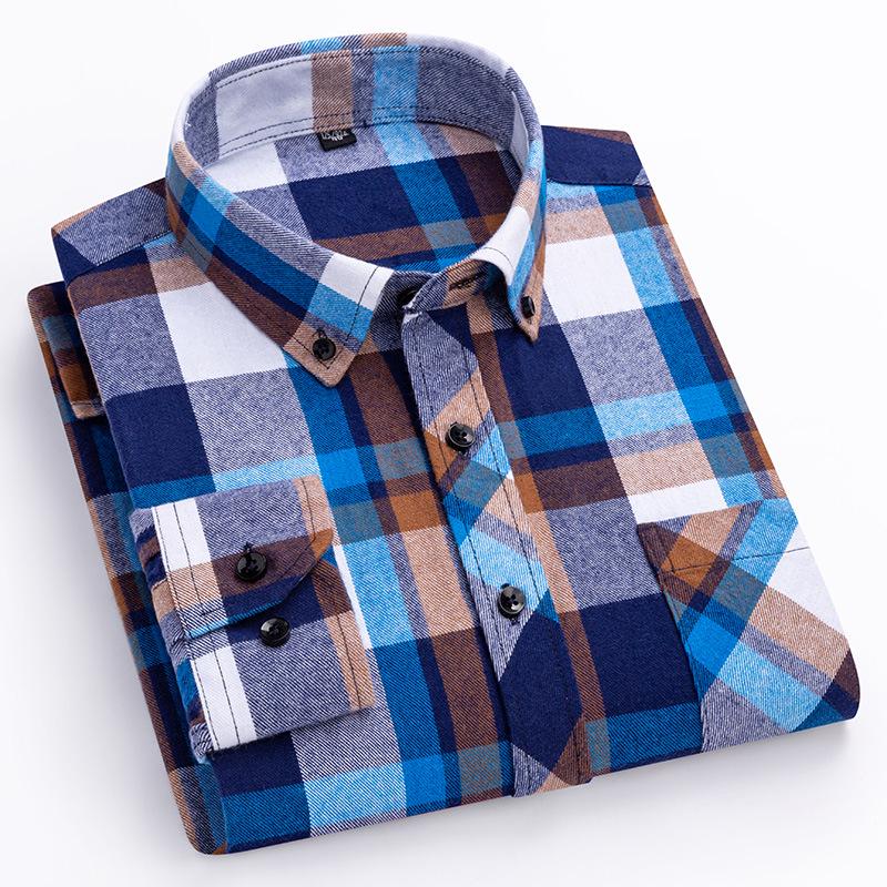 Men's Plus Size Pure Cotton Brushed Plaid Long Sleeve Shirt - Business Casual & Breathable