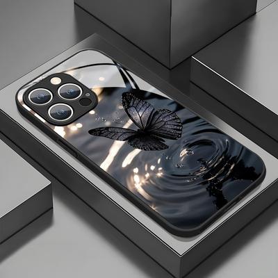 Premium Black Butterfly Pattern Tempered Glass Phone Case For iPhone 17 16 15 14 13 12 11 Pro Max 17Air 16E 7 Plus XR XS X Cover