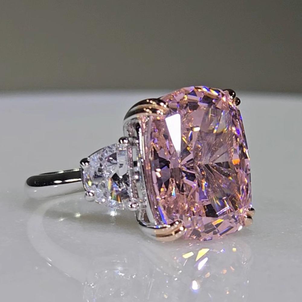 Luxury Cherry Pink Open Ring Cushion Cut Square Zircon Engagement Ring Sparkling High Carbon Diamond Pink Zircon Jewelry