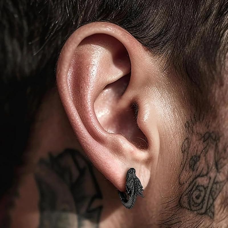 Rockyu Dragon Hoop Earrings for Men, Stainless Steel, Silver