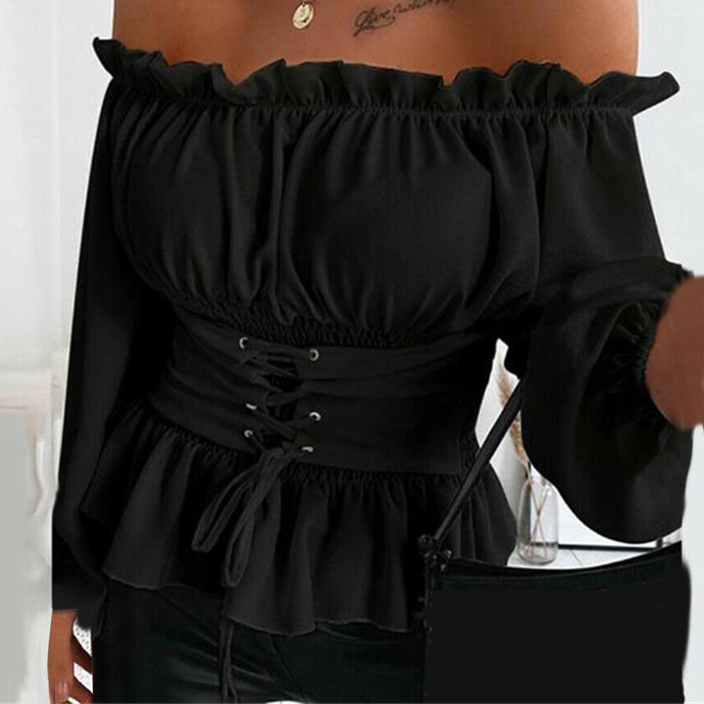 Fashion Women's Solid Color Long-sleeved Strapless Ruffle Trim Drawstring Shirt