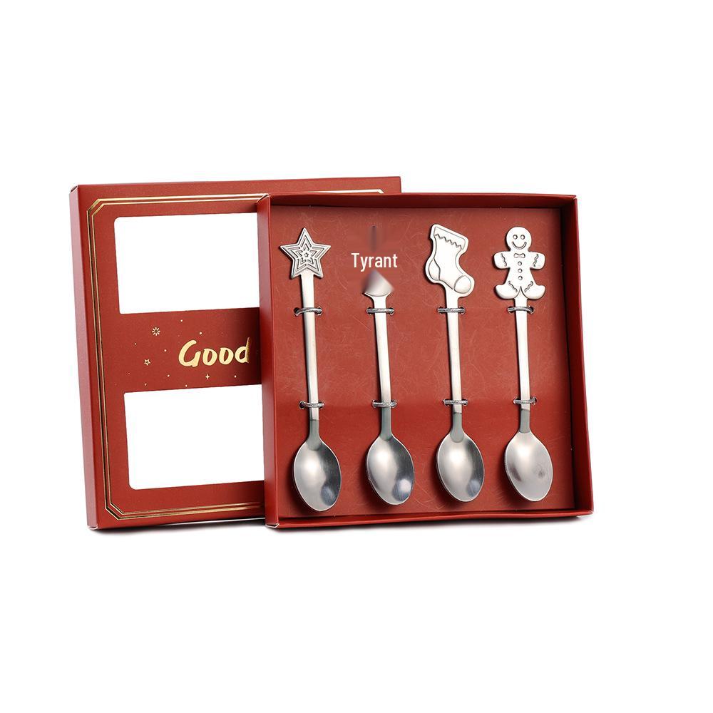 Christmas Gold Cartoon Coffee & Dessert Spoon Fork Set – Stainless Steel Pendant Gift Box