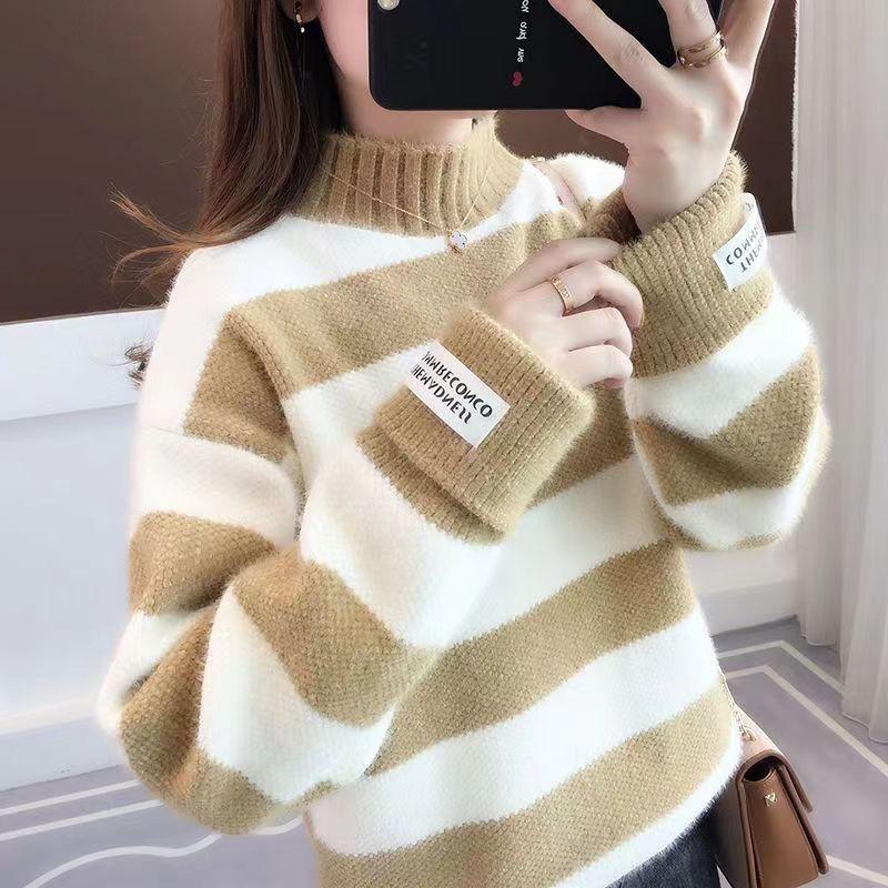 

Chenier sweater autumn and winter loose outer wear casual imitation mink semi-turtleneck contrasting striped sweater women s explosion 48-42 (average size) жовтий