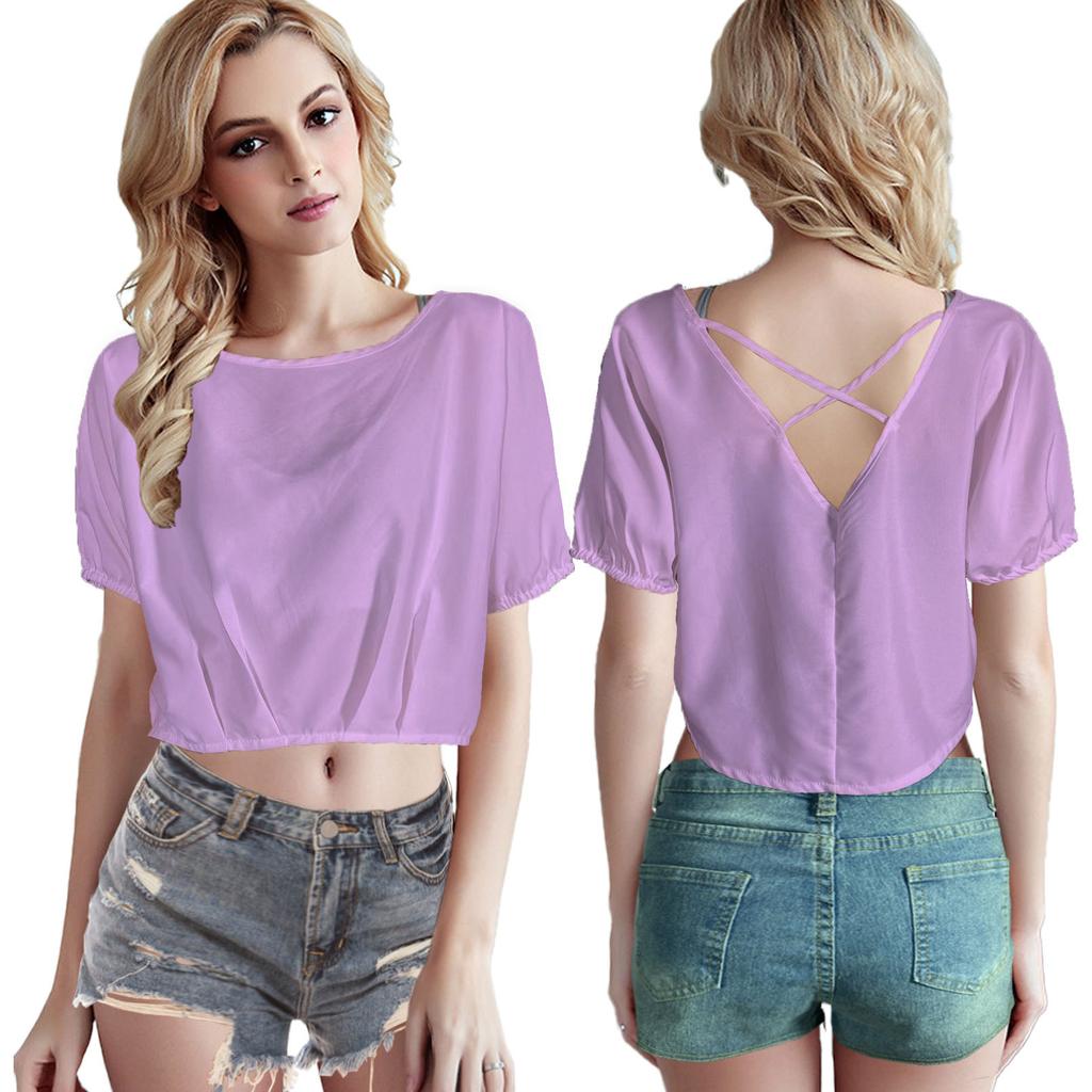 GMXIA Spring Summer Women's Solid-color Pullover V-back Casual Women's Top
