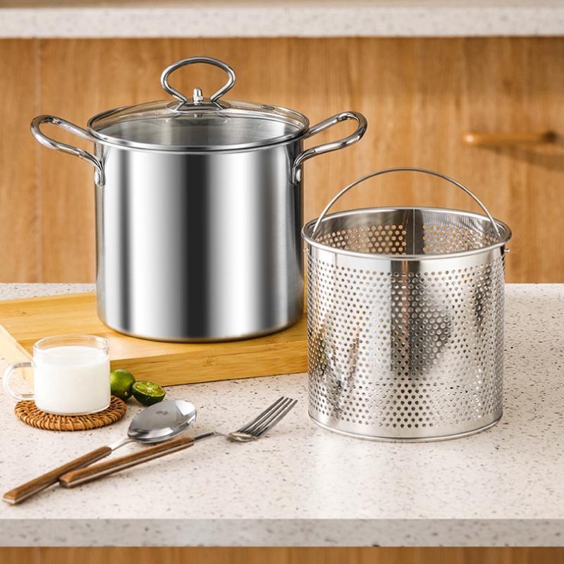 3.5L Deep Fryer Pot Stainless Steel Frying Pot With Mesh Steamer Basket With Glass Lid Kitchen Household Soup Pot Tool