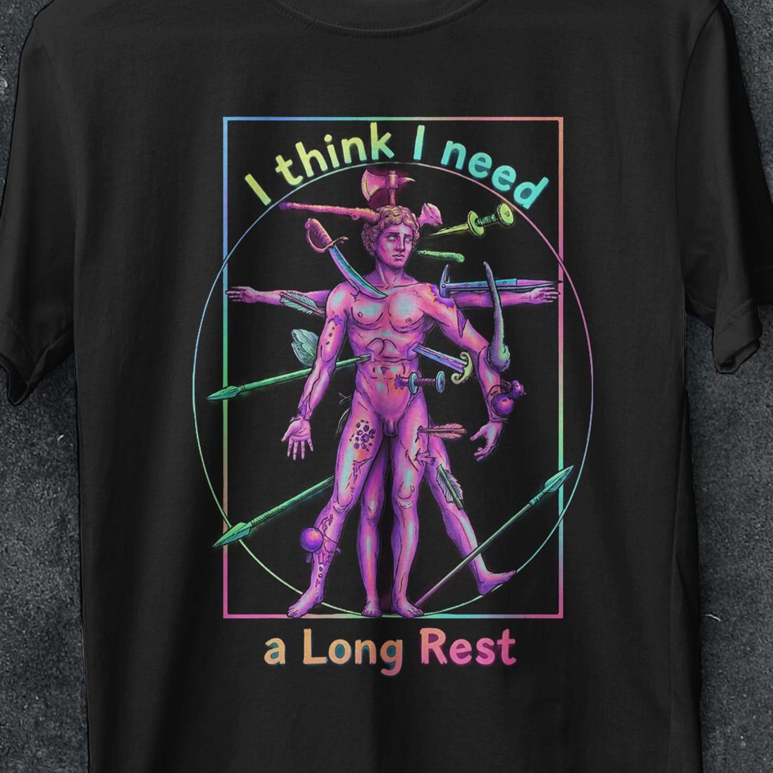 I Think I Need A Long Rest, vitruvian man, DND tshirt, vitruvian, dungeons and dragons shirt funny, Dungeons and Dragons Shirt, Casual Tops S