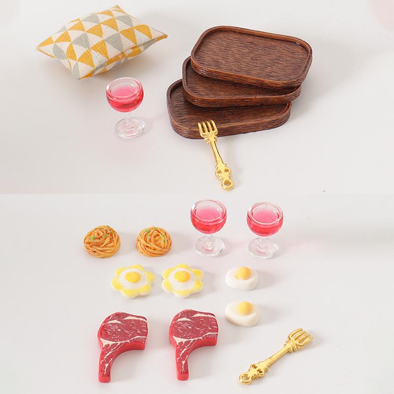 1Set Dollhouse Simulated Steak Red Wine Glass Pasta Kit Model Dollhouse Kitchen Food Decoration Toy Dolls House Accessoreis