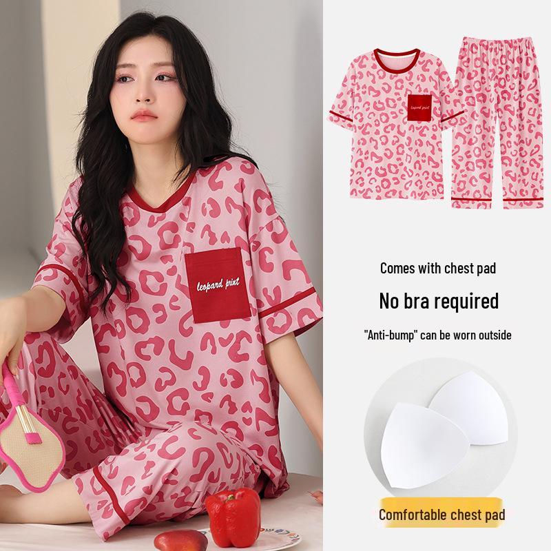 Women's Summer Modal Pajamas: Short Sleeve, Thin Style, with Chest Pads, Round Neck – Sweet Student Homewear
