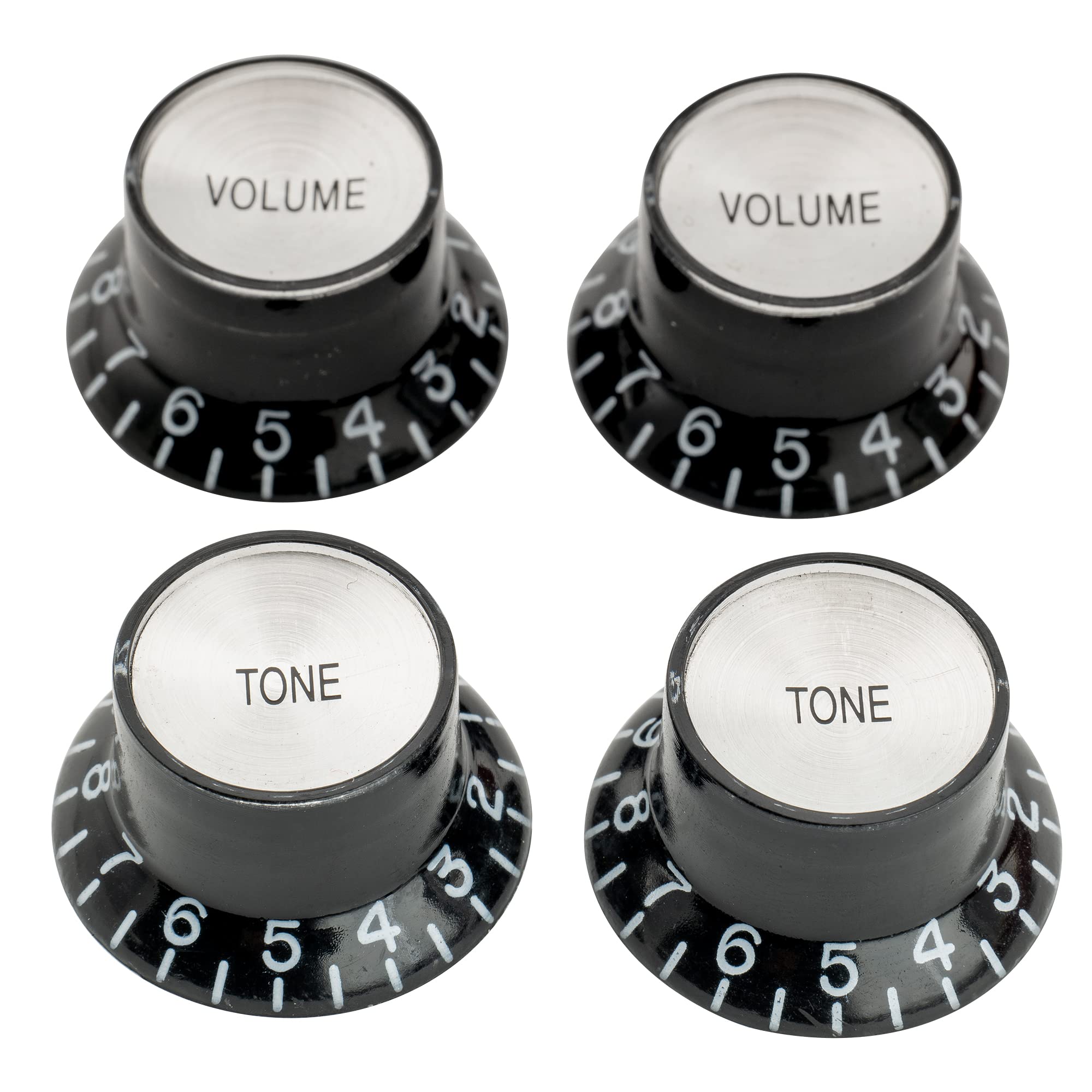 

Musiclily Pro Metric Standard 2 Volume 2 Tone Reflector Knobs for Les Paul and SG Top of Left-Handed Guitars, Black/Silver (Set 4)