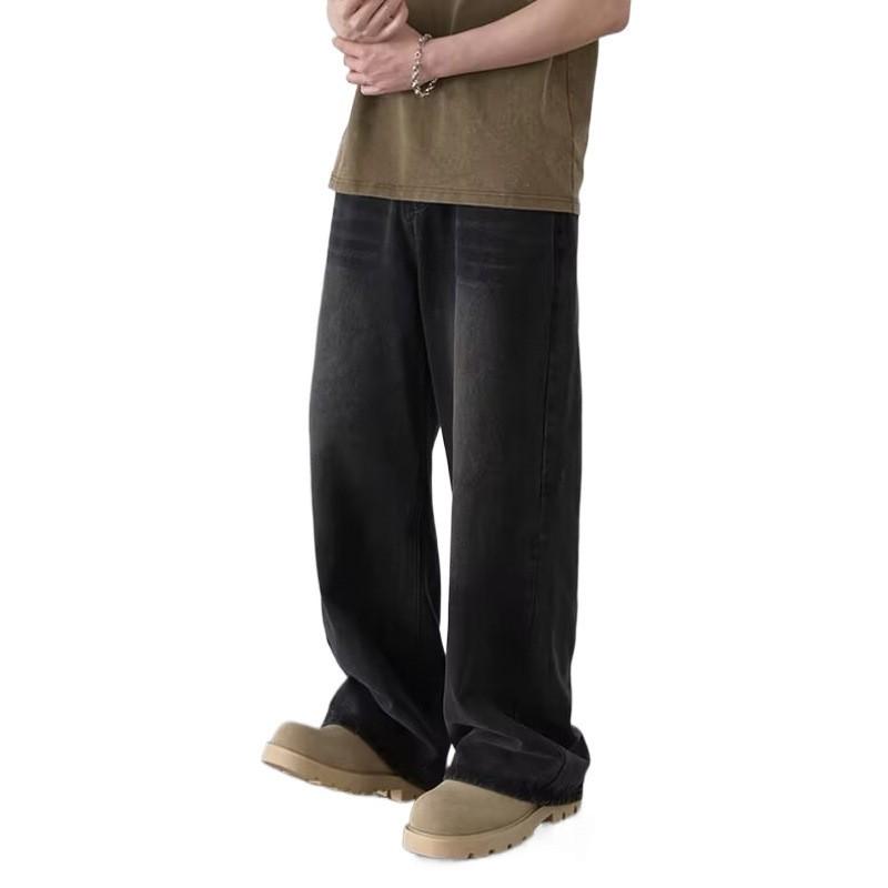 Mens Relaxed Straight Fit Denim Jeans Vintage Washed Cotton Blend Mid-Rise Casual Trousers Fall