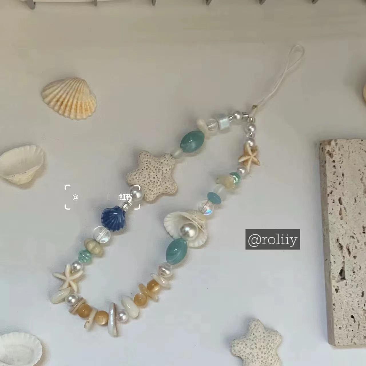 Homemade Starfish Pearl Shell Phone Chain Star Summer Chain Lanyard CCD Handmade Camera Pendant DIY Beads （Starfish Pearl Shell