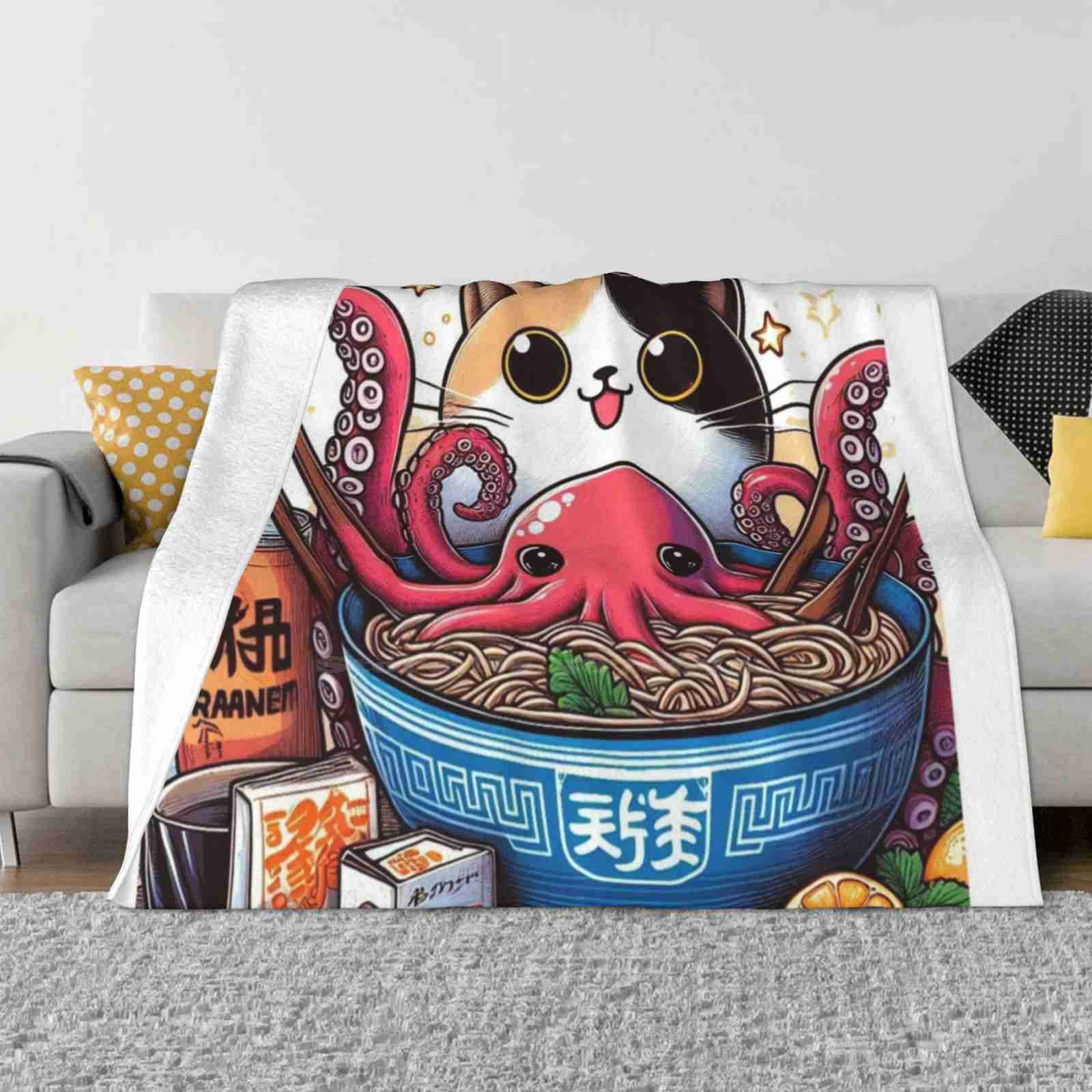 Cat Ramen Fashion Soft Warm Flannel Blanket Cat Ramen Octopus Japan Food Manga 30x40in